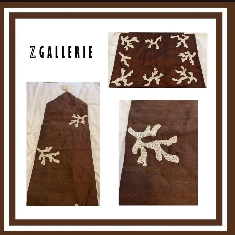 Z Gallerie Brown Beaded Coral Pattern Runner and 12 Placemats
